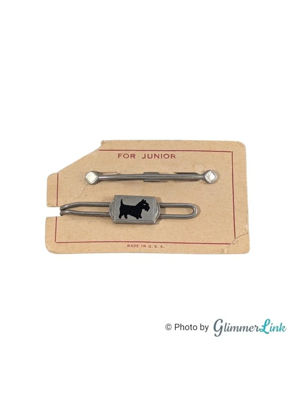 Vintage Junior Scottie Dog Original Card Silver Tone Tie Clip Collar Clip Set